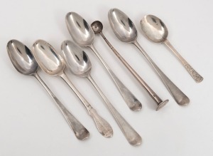 Seven assorted antique silver spoons including an 18th century Dutch tobacco spoon, rat rail spoon, and others, the largest 12cm long, 82 grams total