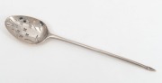 An antique English sterling silver mote spoon with fancy back, 18th century, ​​​​​​​13cm long