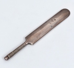 An antique English sterling silver cricket bat letter opener, made in Birmingham, 19th/20th century, 9.5cm long