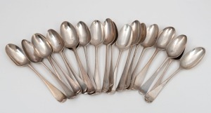 Twenty assorted antique sterling silver teaspoons, mostly 18th century, the largest 11.5cm long, 212 grams total