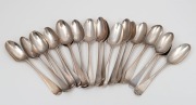 Twenty assorted antique sterling silver teaspoons, mostly 18th century, ​​​​​​​the largest 11.5cm long, 212 grams total