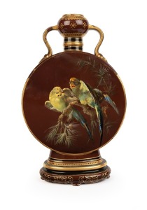 MINTONS impressive antique English moonflask vase adorned with hand-painted budgerigars in casuarina, factory mark to base "MINTONS" and bearing artist's signature to front and back (illegible), 38cm high