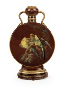 MINTONS impressive antique English moonflask vase adorned with hand-painted budgerigars&nbsp;in casuarina, factory mark to base "MINTONS" and bearing artist's signature to front and back (illegible), 38cm high
