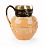 DOULTON LAMBETH&nbsp;Queen Victoria commemorative jug with sterling silver mount, titled "DEI GRATIA VICTORIA, QUEEN & EMPRESS, SHE BROUGHT HER PEOPLE LASTING GOOD", 19th century, impressed factory mark to base, 19cm high - 2