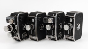 BOLEX-PAILLARD: Four c. 1950s double-8 movie cameras with all lens caps present - one B8L with two lenses, one C8 with one lens, one C8L with one lens, and one C8S with one lens. (4 movie cameras)