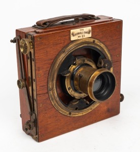 ALBERMARLE: 'The Albermarle Camera No. 1' 3⅛ x 4⅛" plate field camera, c. 1900, with lens with f8/11/16/22/32/44/64 aperture markings.