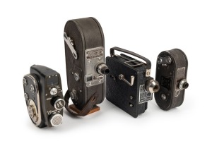 VARIOUS MANUFACTURERS: Four movie cameras - one c. 1935 Campro combined ciné camera/projector, one c. 1935 Keystone K-8, one c. 1937 Keystone A-7, and one c. 1960s Quarz M marked 'Made in USSR'. (4 movie cameras)