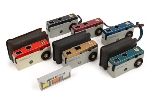 YASHICA: Complete set of all known Yashica Y16 miniature camera colour combinations (red/white, gold/grey, aqua/grey, blue/grey, red/grey, black/grey), c. 1959, together with three matching leather camera cases and a set of three lens filters in case. (6 