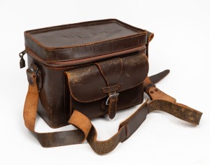 NIPPON KOGAKU: Brown leather camera bag for Nikon S2 or similar, with many interior compartments for accessory storage.