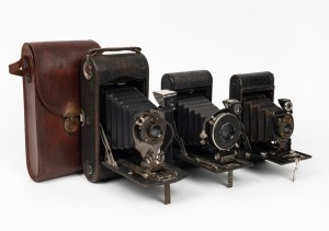 KODAK: Three c. 1910s vertical-folding cameras - one No. 1A Autographic Kodak with shutter release cable and matching case, one No. 2 Folding Autographic Brownie, and one No. 1 Autographic Kodak Special Model A with shutter release cable. (3 cameras)