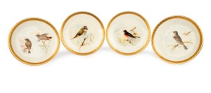 ROYAL WORCESTER set of four antique English hand-painted porcelain cabinets plates decorated with Australian birds, signed "AUSTIN", all titled on the reverse and retailed by Flavelle Brothers Ltd., puce factory mark to bases, 23cm wide