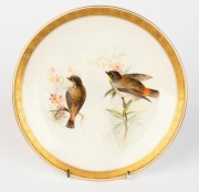 ROYAL WORCESTER set of four antique English hand-painted porcelain cabinets plates decorated with Australian birds, signed "AUSTIN", all titled on the reverse and retailed by Flavelle Brothers Ltd., puce factory mark to bases, 23cm wide - 2