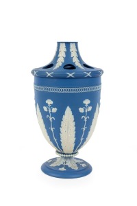 ADAMS antique English blue Jasper Ware pottery vase with flower aid, circa 1790, impressed "ADAMS", 21cm high