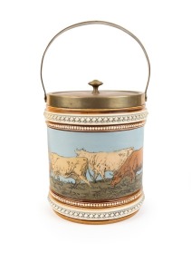 An antique German pottery biscuit barrel with silver plated mounts, decorated with cows in landscape in the Barlow manner, 19th century, impressed factory marks to base, 26cm high overall including handle