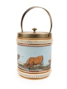 An antique German pottery biscuit barrel with silver plated mounts, decorated with cows in landscape in the Barlow manner, 19th century, ​​​​​​​impressed factory marks to base, 26cm high overall including handle - 2