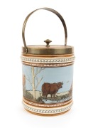 An antique German pottery biscuit barrel with silver plated mounts, decorated with cows in landscape in the Barlow manner, 19th century, ​​​​​​​impressed factory marks to base, 26cm high overall including handle - 3
