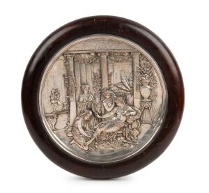ELKINGTON "Pompeian Lady" impressive silver plated electrotype plaque mounted in circular timber frame with affixed lithograph label to reverse, circa 1870, 44cm diameter overall
