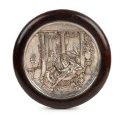 ELKINGTON&nbsp;"Pompeian Lady" impressive silver plated electrotype plaque mounted in circular timber frame with affixed lithograph label to reverse, circa 1870, 44cm diameter overall