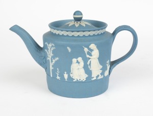 WEDGWOOD antique English blue Jasper Ware pottery teapot decorated with figures of mothers and children, circa 1790, impressed "WEDGWOOD", 12cm high, 19.5cm wide