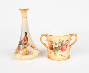 ROYAL WORCESTER two handled porcelain cup with hand-painted floral decoration, together with a LOCKE & CO WORCESTER antique English porcelain pheasant vase, factory mark to bases, the vase 15cm high