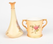 ROYAL WORCESTER two handled porcelain cup with hand-painted floral decoration, together with a LOCKE & CO WORCESTER antique English porcelain pheasant vase, factory mark to bases, the vase 15cm high - 2