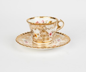 CHAMBERLAINS WORCESTER antique English hand-painted floral teacup and saucer with gilt decoration, circa 1840, factory mark to bases with English coat of arms, the saucer 16cm wide