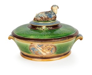 MINTON antique English majolica butter pot and cover with goat finial, 19th century, impressed "MINTON", 13cm high, 20cm wide