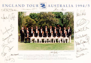 1994-95 ENGLAND TEAM, official team photograph, with title "England Tour, Australia 1994/5" and players names printed on mount, with 18 signatures on mount including Mike Atherton (captain), Phil Tufnell, Darren Gough & Graham Gooch, overall 42x30cm. Also