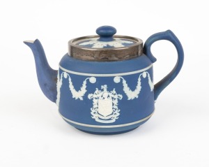 ADAMS antique English blue Jasper Ware teapot with Sheffield plated rim and bearing Tunbridge Wells crest, circa 1910, impressed "ADAMS, Tunstall, England", 12cm high, 16cm wide