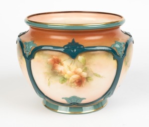 HADLEY'S WORCESTER antique English porcelain jardiniere with hand-painted rose vignettes, stamped "Hadley's Worcester, England", 11cm high, 14cm wide