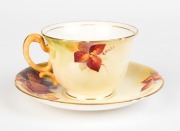 ROYAL WORCESTER English porcelain teacup and saucer with hand-painted berries and blossoms, signed "K. BLAKE", puce factory mark to base, the saucer 14.5cm wide - 2