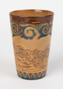 DOULTON LAMBETH antique English pottery beaker with sgraffito sheep decoration by HANNAH BARLOW, 19th century, impressed factory mark with artist's monogram to base, 11.5cm high