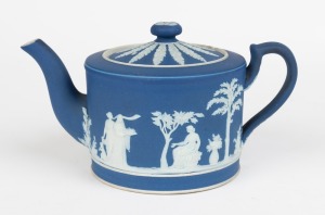 WEDGWOOD blue Jasper Ware antique English pottery teapot with classical frieze, mid 19th century, impressed "WEDGWOOD", 10cm high, 18cm wide