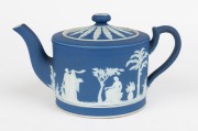 WEDGWOOD blue Jasper Ware antique English pottery teapot with classical frieze, mid 19th century, impressed "WEDGWOOD", 10cm high, 18cm wide