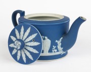 WEDGWOOD blue Jasper Ware antique English pottery teapot with classical frieze, mid 19th century, impressed "WEDGWOOD", 10cm high, 18cm wide - 2