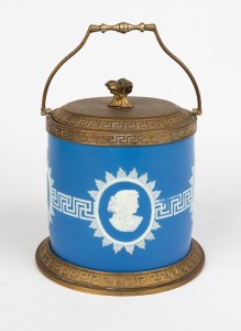 An antique English blue Jasper Ware pottery biscuit barrel with brass Greek key decorated mounts, 19th century, 22cm high including handle