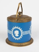 An antique English blue Jasper Ware pottery biscuit barrel with brass Greek key decorated mounts, 19th century, 22cm high including handle - 2
