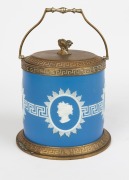 An antique English blue Jasper Ware pottery biscuit barrel with brass Greek key decorated mounts, 19th century, 22cm high including handle - 3
