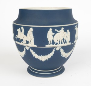 ADAMS antique English blue Jasper Ware pottery vase with classical Greek frieze, 19th century, (taken from the Parthenon), impressed "ADAMS, EST. 1857, TUNSTALL, ENGLAND" 14.5cm high