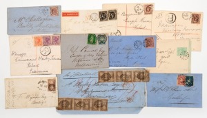 VICTORIA - Postal History: 1850s - 1907 Postal History group of twelve items including 1d + 3d Half-Lengths on entire from Geelong to Melbourne; 3d Half-Length + 1d Queen-on-throne on entire from Castlemaine to Melbourne; 2d Q-on-T (12 - in 2 strips of 6) on a defective part-cover from Geelong via Melb. to London; 2d Q-on-T on cover from Melb. to Bendigo; 6d black pair on 1865 cover from Geelong to London; 1867 10d cover to London; and several later items.