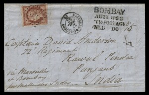 FRANCE - Postal History: July 1852 usage of 1fr brown-carmine on folded entire from BAGNERES-DE-LUCHON, written in English to Captain David Anderson, 22nd Regiment, Rawal Pindee, Punjab, INDIA; with BOMBAY accounting mark; accompanied by a number of other usages on covers, cards and entires - mainly for inland delivery - and mainly 1850s-70s. (40+ items).