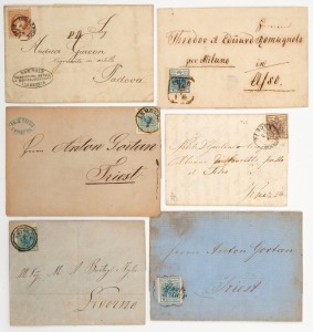 AUSTRIA - Postal History: An assembly of early covers, cards and entires, with despatch postmarks noted from BRUNN BAHNHOF, PRAG, LEMBERG, VERONA, INNSBRUCK, PESTH, TRIESTE, POZSONY, ALTENMARKT b RAKEK, VALONA, CILLI, BOZEN, BISCHOFLACK, GRATZ, CONSTANTINOPEL, ADELSBERG/POSTOJNA, and others. A very useful group. (30 items).