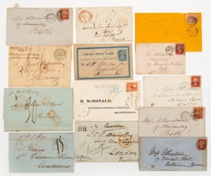 GREAT BRITAIN - Postal History: A small assembly including a fine strike of the "MUSSELBURGH PENNY POST UNPAID" h/stamp on an 1800 entire, also a "LEITH PENNY POST UNPAID" of 1802, a stampless entire from PORTO CABELLO B.P.A., several 1d Red QVs on covers, 3 early CANADA pieces, etc. (Total: 14).