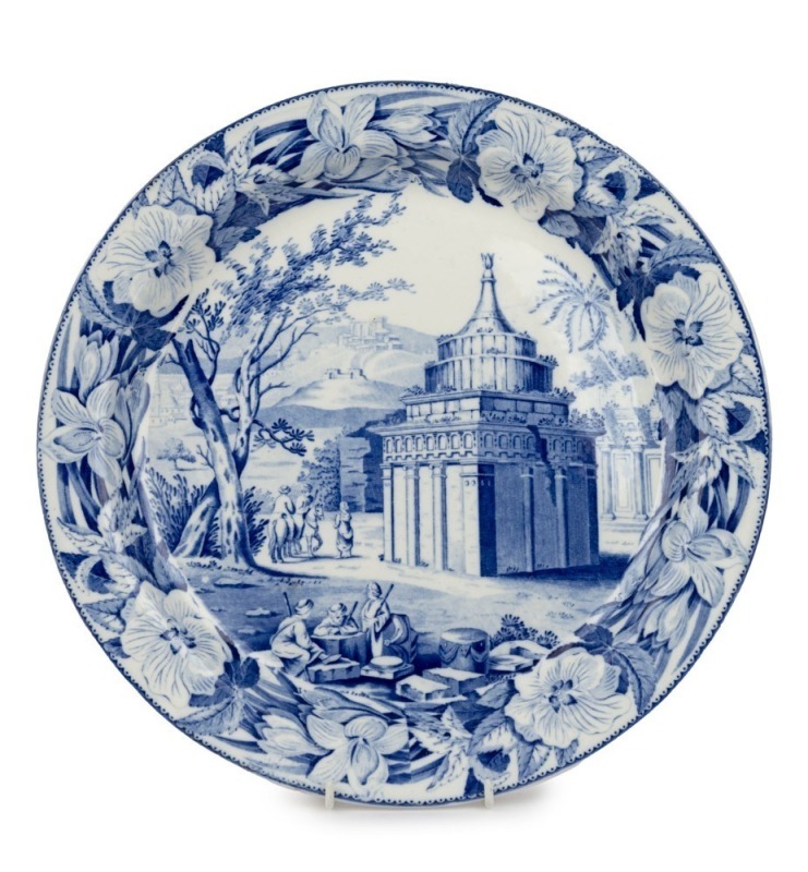 WEDGWOOD "Absalom's Pillar" antique English blue transfer porcelain charger, attributed to Abner Wedgwood, circa 1810, impressed "WEDGWOOD", 37cm diameter