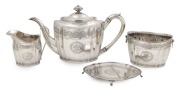 An antique Scottish sterling silver tea service with engraved decoration, comprising of a teapot, milk jug, sugar basin and trivet, made in Edinburgh, circa 1800, (4 items), the teapot 16cm high, 31cm wide, 1270 grams total