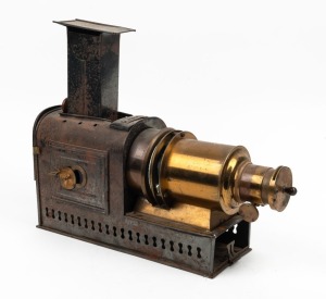 Brass and tin helioscopic magic lantern, c. 1890s, with plate on top that reads 'Patent № 2459'.