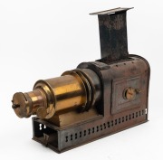 Brass and tin helioscopic&nbsp;magic lantern,&nbsp;c. 1890s, with plate on top that reads 'Patent № 2459'. - 2