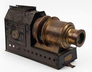 RILEY BROS. BRADFORD: 'The Praestantia' magic lantern, c. 1895, with maker's embossed plate at base and similar engraving on barrel of lens.