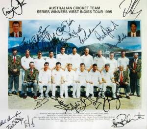 1995 AUSTRALIAN TEAM, official team photograph with title "Australian Cricket Team, Series Winners West Indies Tour 1995", with 19 signatures on mount including Mark Taylor, Steve Waugh, Shane Warne & Glenn McGrath, size 34x30cm.