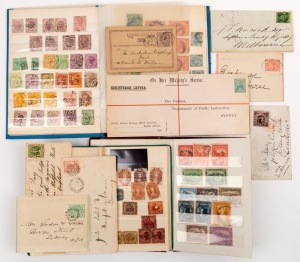 Australian Colonial issues: a diverse accumulation in 3 small albums plus a few covers incl. 3d green on 1855 Albury to Melbourne entire, 6d green on 1869 Gladstone to England cover, 2Ѕd pink on 1897 Charters Towers to Germany cover, etc.